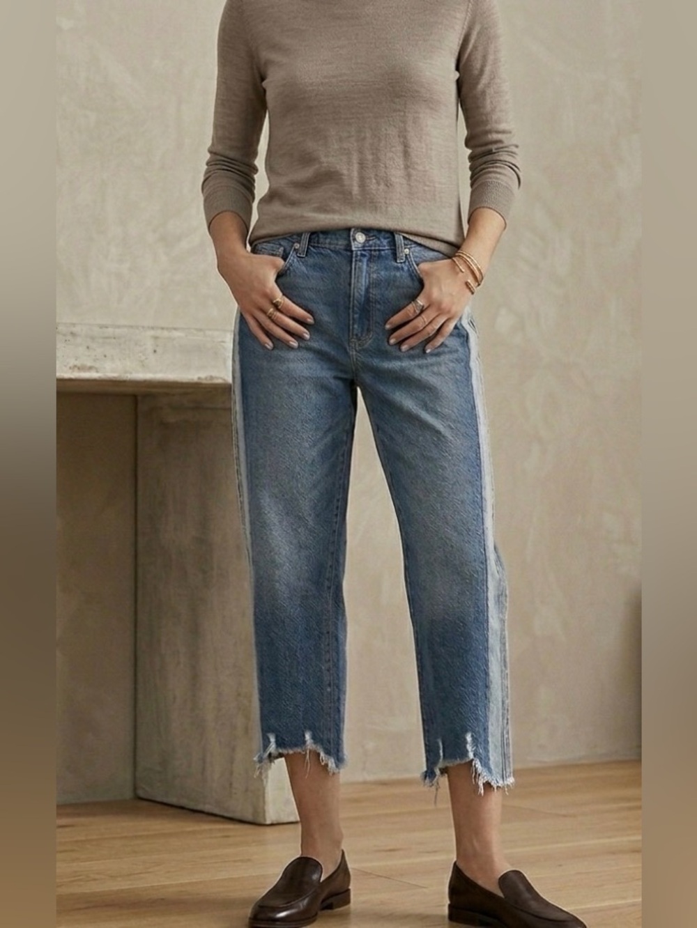 Kancan High-Rise Cropped Distressed Straight Jeans in Medium Blue